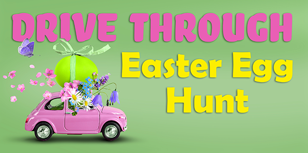 Drive Thru Easter Egg Hunt headline with image of car filled with eggs